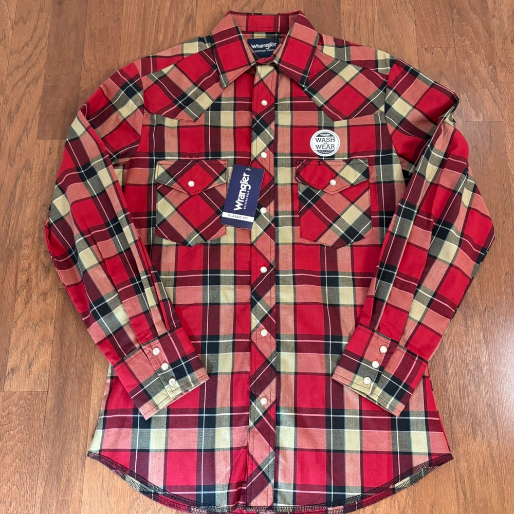 Wrangler Mens Red Plaid Western Snap Shirt Classic Fit Small 75204PP NWT